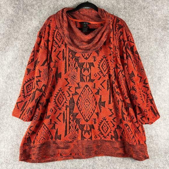 Ali Miles Sweater Womens 2X Orange Black Cowl Neck Textured Aztec Tribal Artsy - Picture 1 of 13